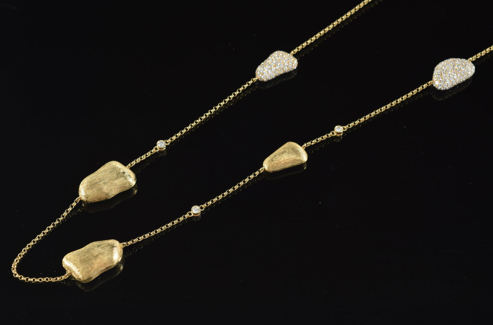 18K Haniken N.Y. diamond mounted modern nugget design long necklace. 13 heavy gold nuggets. 2 (1 of 9)