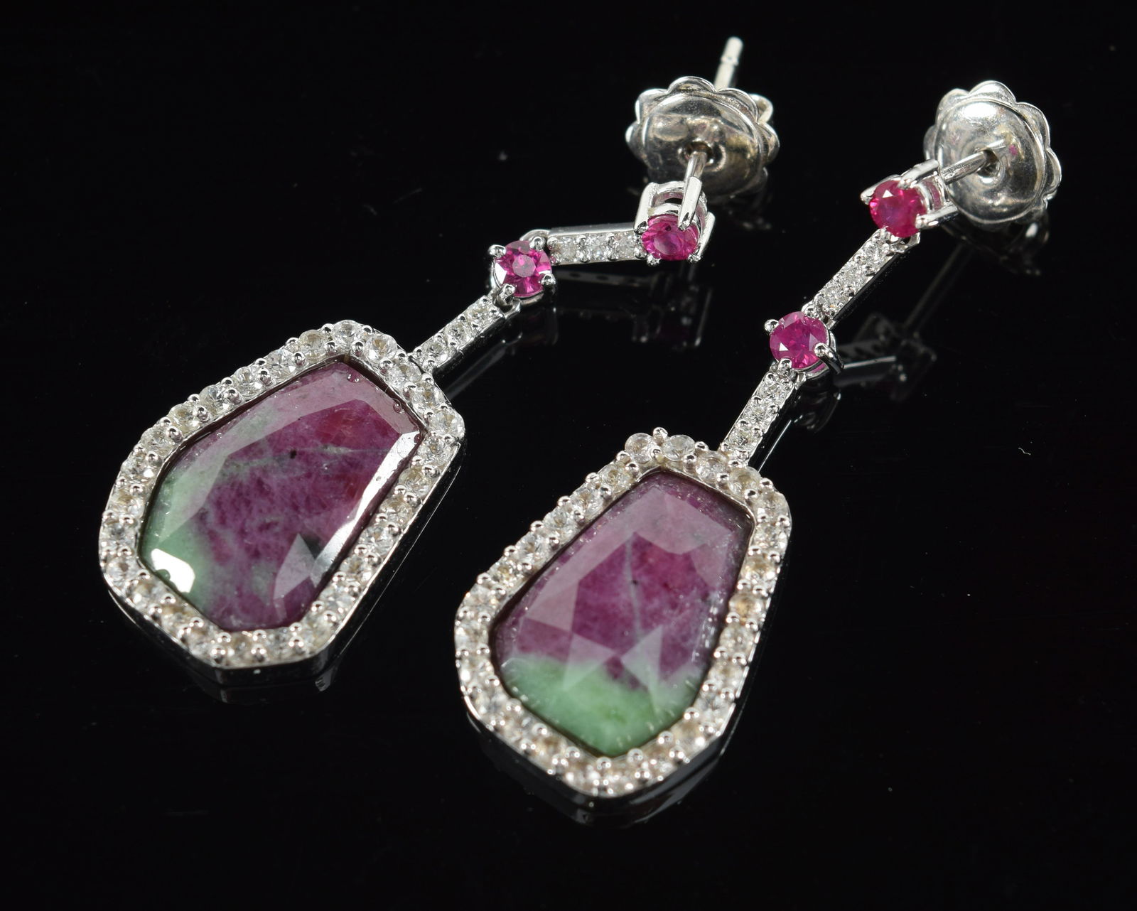 14K gold ruby and zoisite diamond mounted drop earrings. Marked 14K on round slide. 1.25in long. 7.3 (1 of 5)