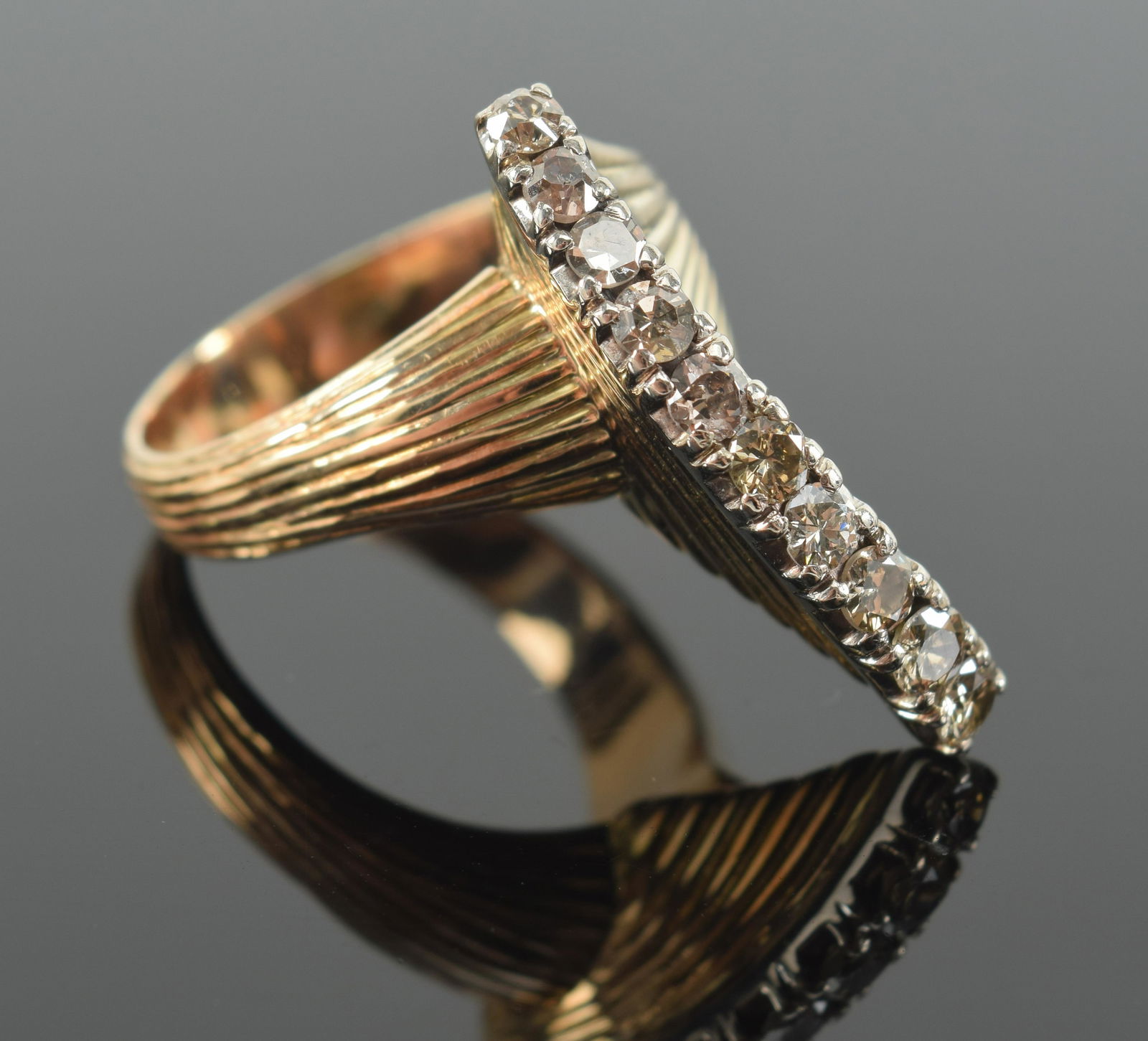 14K gold diamond mounted modern design ring. Unmarked. Tests as 14K. 10 round cut diamonds. Ring (1 of 6)