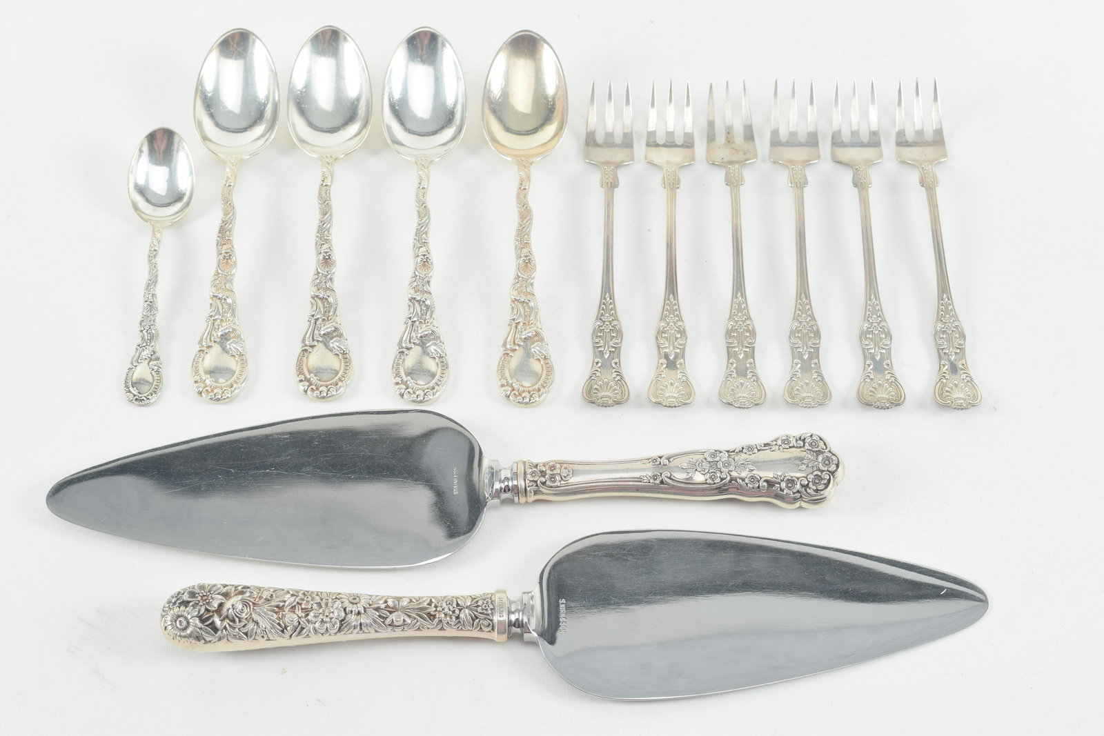 Grouping of assorted sterling silver flatware. To include: 1) 6 Dominick & Haff seafood forks. 2) (1 of 14)