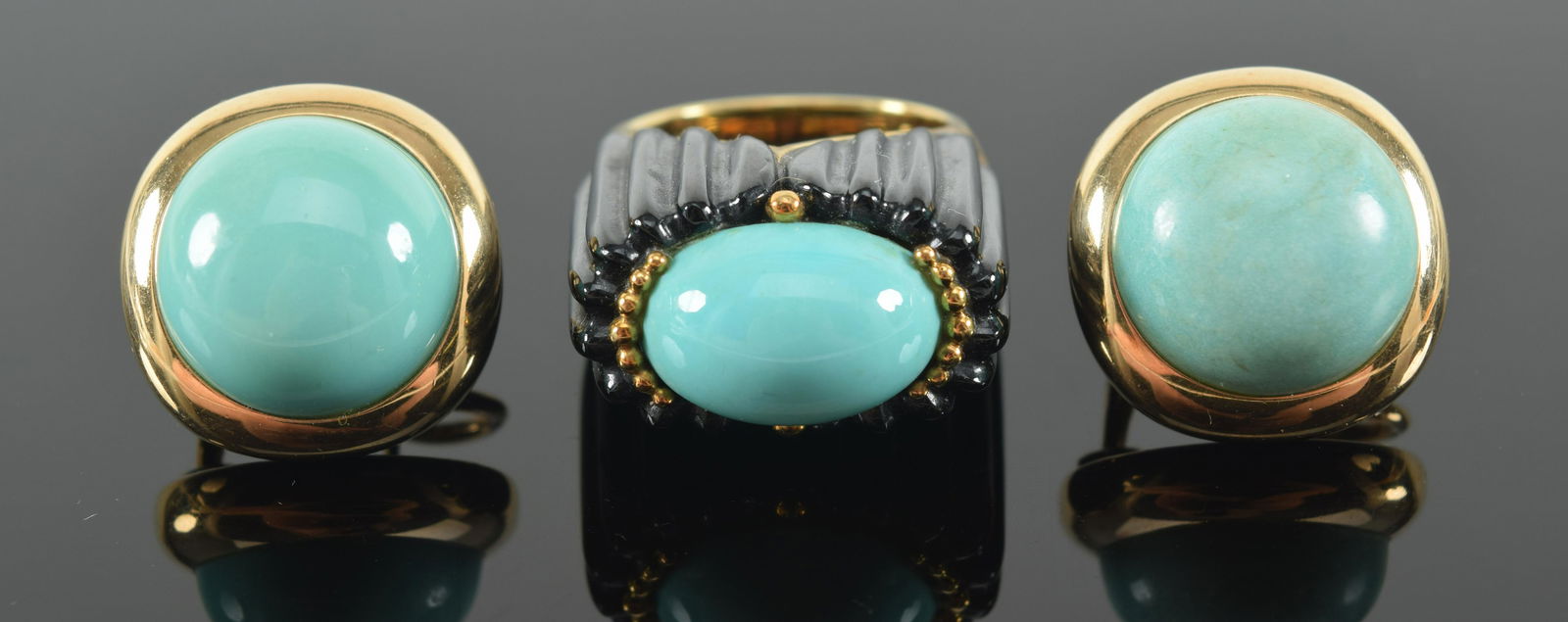 14K gold turquoise mounted ring and earrings. Ring marked 585 and 14K. Gold bead and black stone (1 of 6)