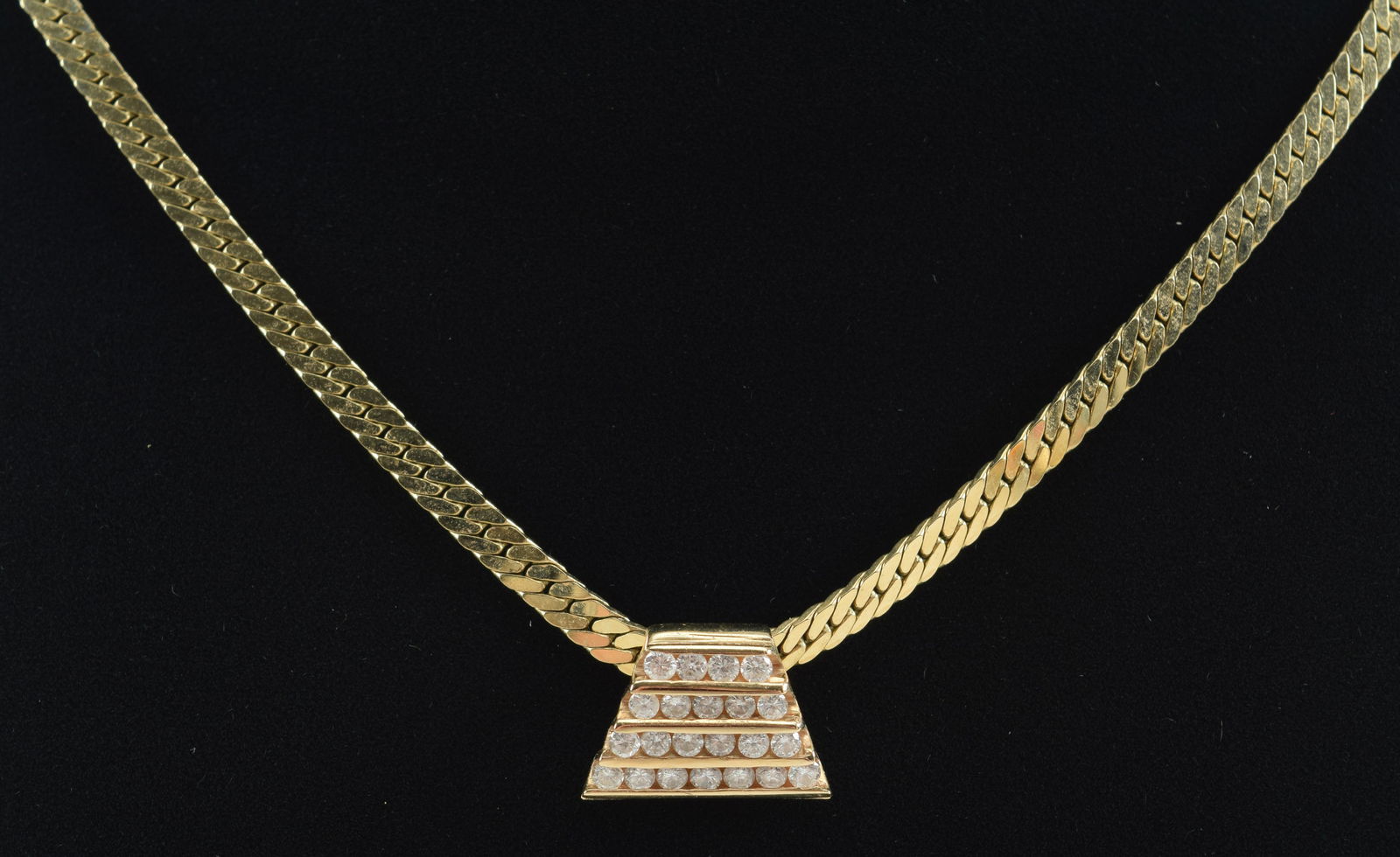 14K Gold and diamond necklace; the flat s-link necklace suspending a slide pendant featuring four (1 of 6)