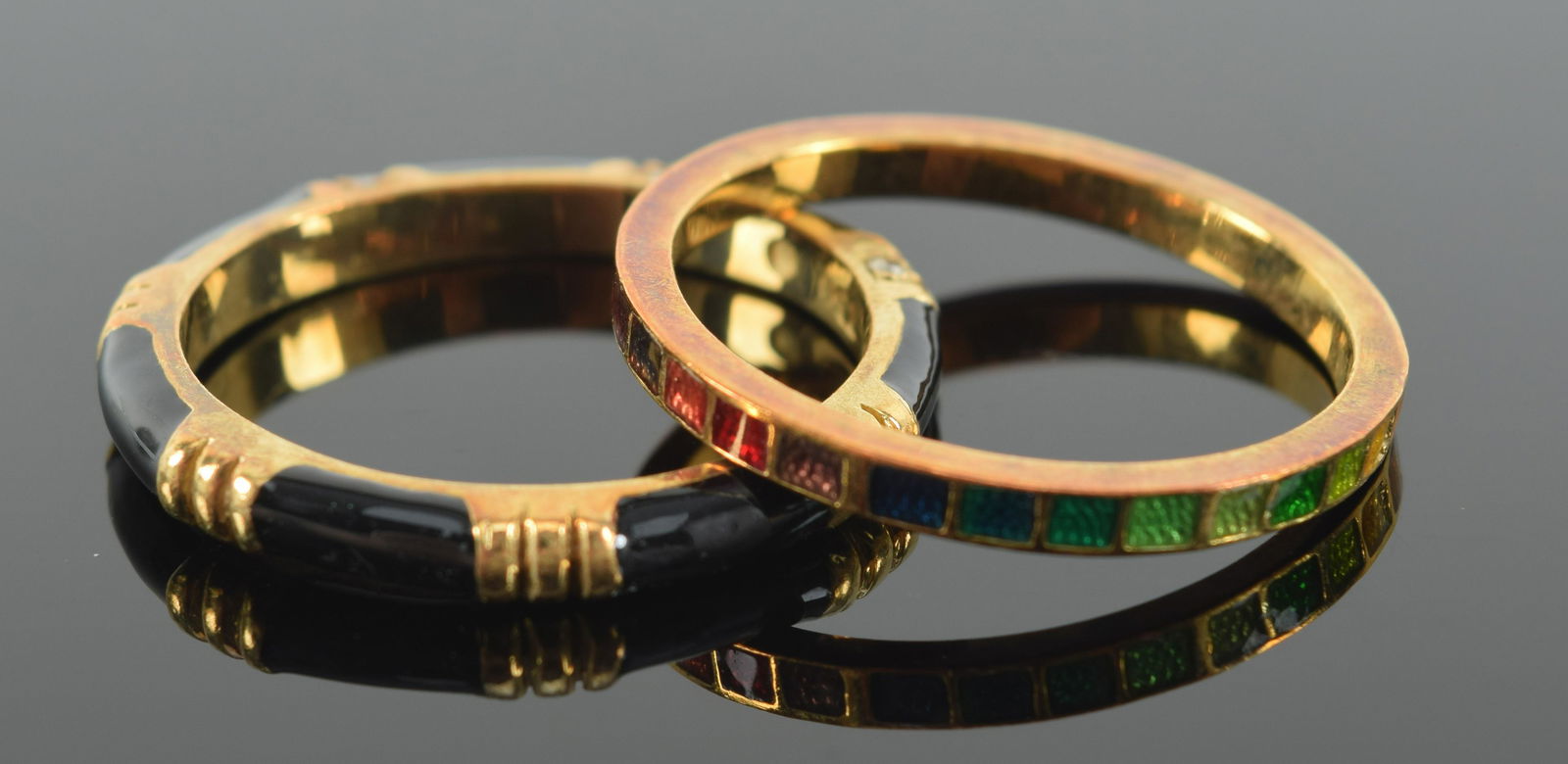 2 18K Gold and enamel rings; one featuring black enamel with single-cut diamonds, the other with (1 of 7)