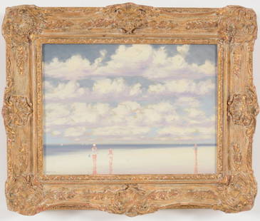 Andre Gisson. Beach Scene with children and clouds. Signed lower right. Oil on canvas. Framed. Image: Andre Gisson. Beach Scene with children and clouds. Signed lower right. Oil on canvas. Framed. Image size 9 x 12 inches, overall size 13.5 x 16.5 inches.