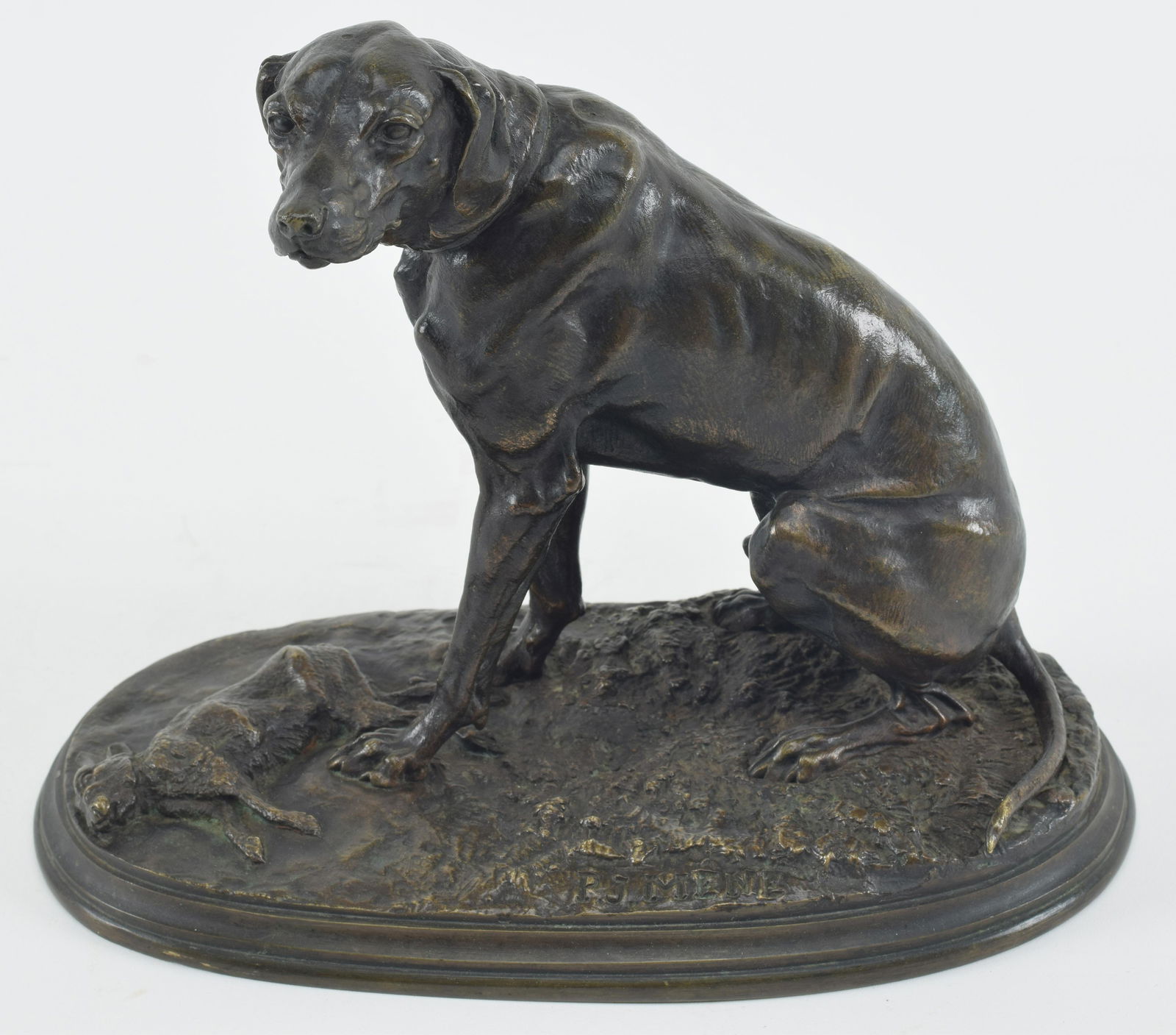 Pierre Jules Mene. 19th century French sporting bronze of dog with hare. Terrain base marked P.J. (1 of 9)