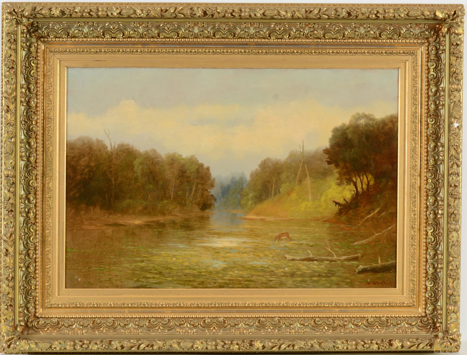 William Ongley. American. River landscape with deer wading. Oil on canvas. Signed lower right.: William Ongley. American. River landscape with deer wading. Oil on canvas. Signed lower right. Framed. Sight: 20 x 30in. Overall: 31.5 x 41.25in.