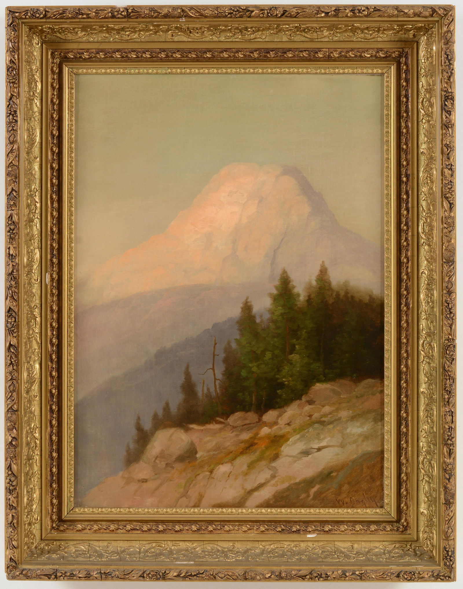 William Ongley. American. Large Western mountain landscaped with snow capped mountain. Oil on: William Ongley. American. Large Western mountain landscaped with snow capped mountain. Oil on canvas. Signed lower right. Framed. Sight: 28 x 20in. Overall: 36 x 28in.
