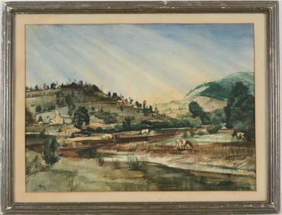 Zoltan Sepeshy. Michigan. "Farm Land". Large watercolor hillside landscape with village and cattle: Zoltan Sepeshy. Michigan. "Farm Land". Large watercolor hillside landscape with village and cattle by a river. Signed lower left. Framed. Midtown gallery titled and Colorado Springs on reverse. Sight: