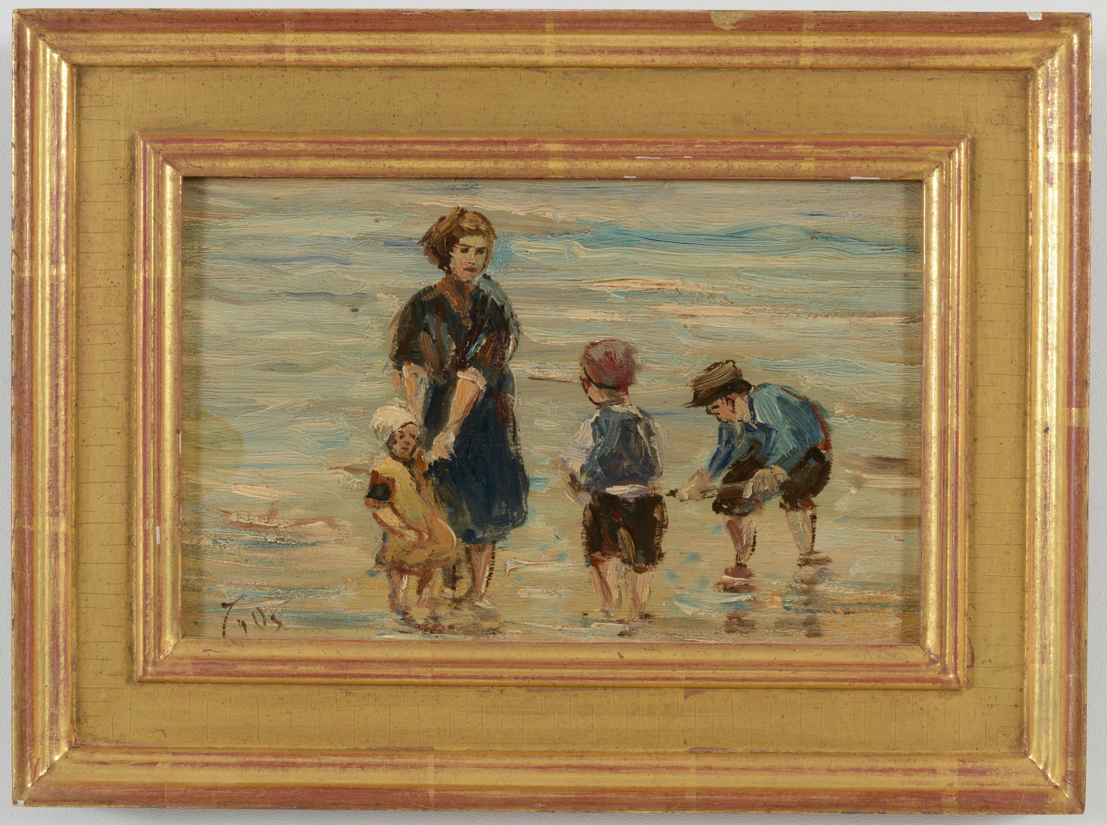 Attributed to Isaac Israels. Mother and Children at the Beach. Oil on board, Framed. Image size 6 x: Attributed to Isaac Israels. Mother and Children at the Beach. Oil on board, Framed. Image size 6 x 9 inches, overall size 10 x 13.25 inches.
