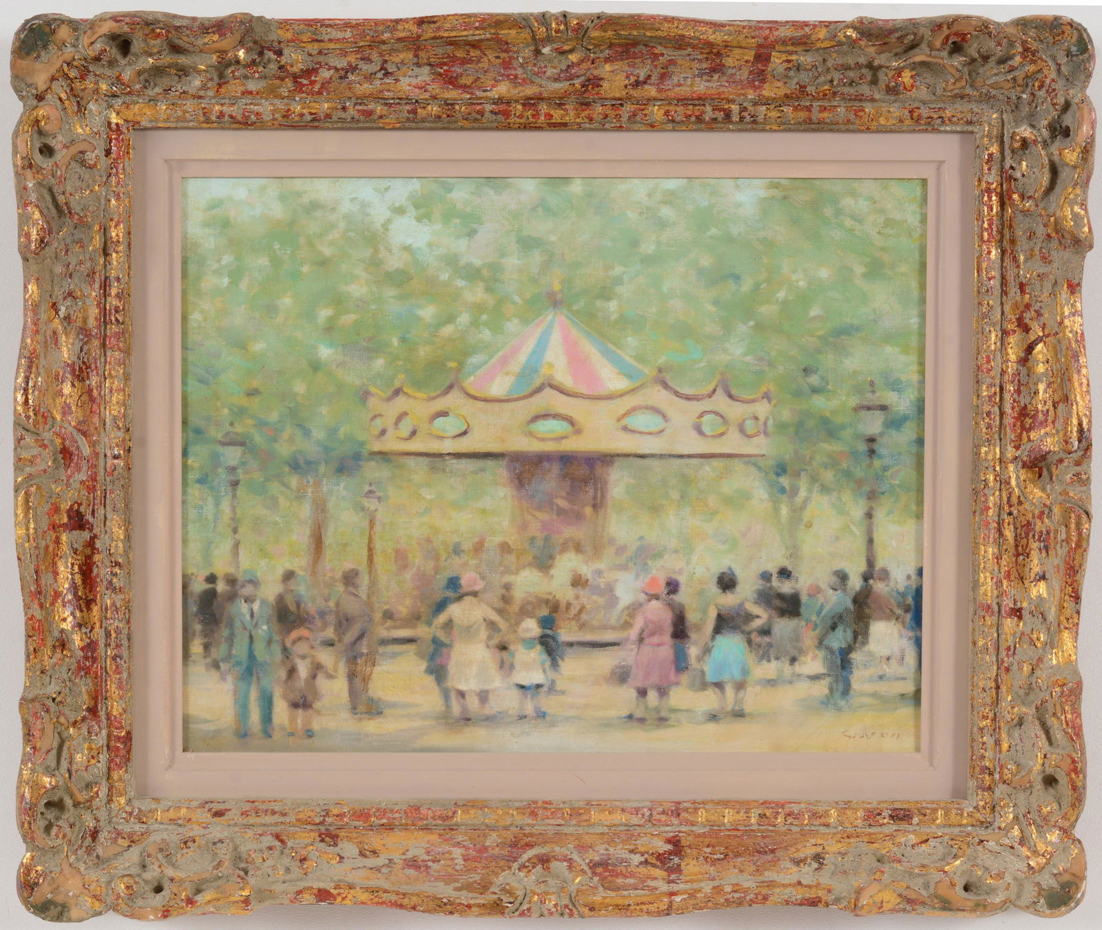 Andre Gisson. Carousel in a park with figures. Signed lower right. Oil on canvas. Framed. Image size (1 of 7)