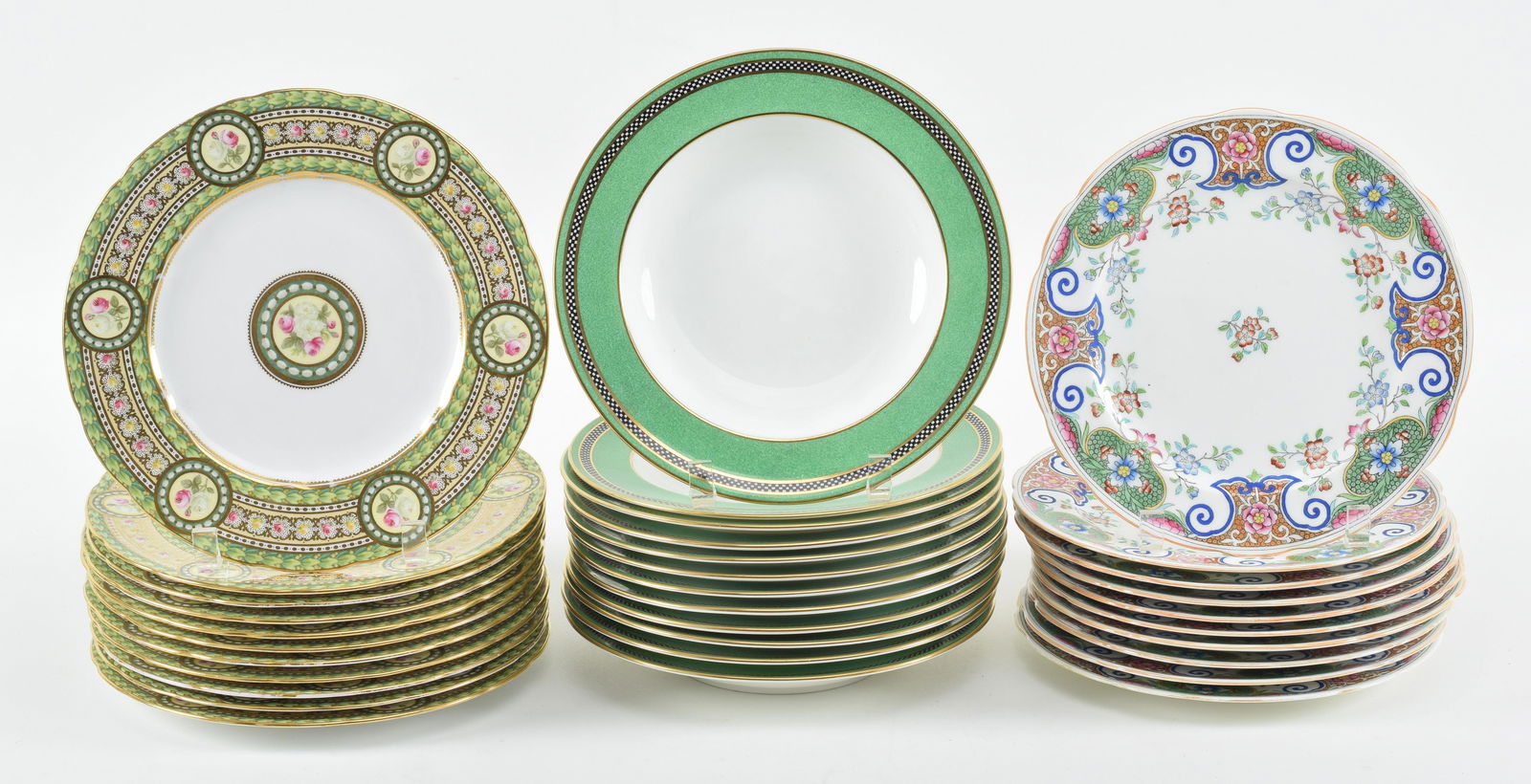 Set of 3 English luncheon wares. To included 12 Wedgwood soups with green borders, 9 in. 11 Copeland (1 of 10)