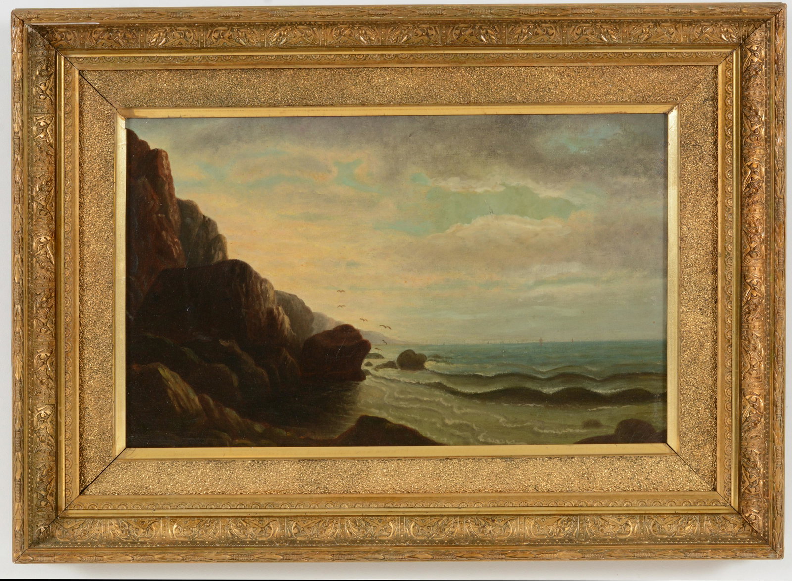 American School, 19th Century. Rocky coastal view. Framed. Surface lifting. Sight 14 x 22.5in,: American School, 19th Century. Rocky coastal view. Framed. Surface lifting. Sight 14 x 22.5in, Overall 22.5 x 30.5in