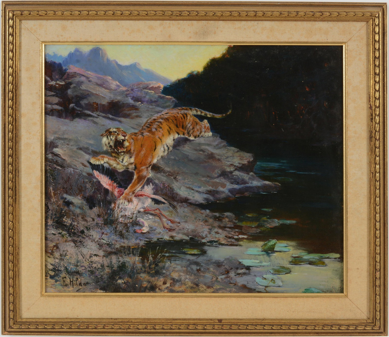 E. Bailey Hilda. Australia. Tiger at river's edge with flamingo. Oil on board. Signed lower left.: E. Bailey Hilda. Australia. Tiger at river's edge with flamingo. Oil on board. Signed lower left. Framed. Image size 14.75 x 17.25in, overall size 19.25 x 20.2in