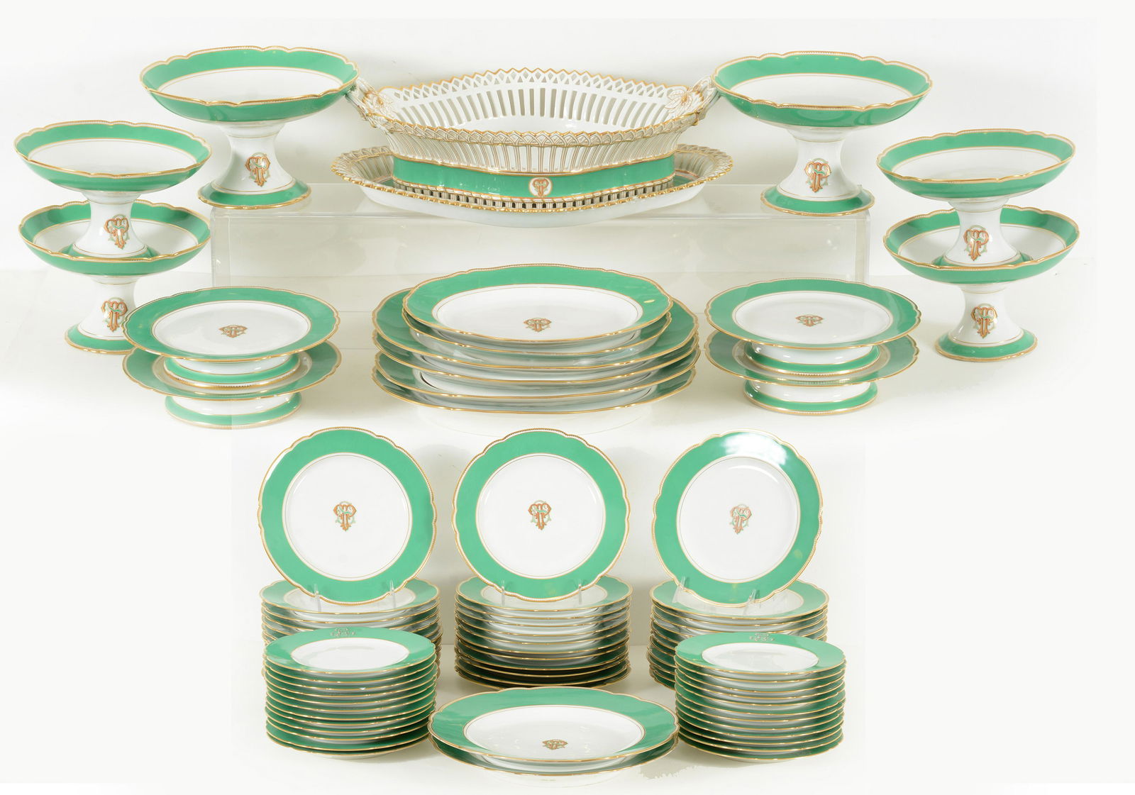 80 Piece Paris Porcelain Partial Dinner Service, with green border and monogram. Including a large (1 of 16)