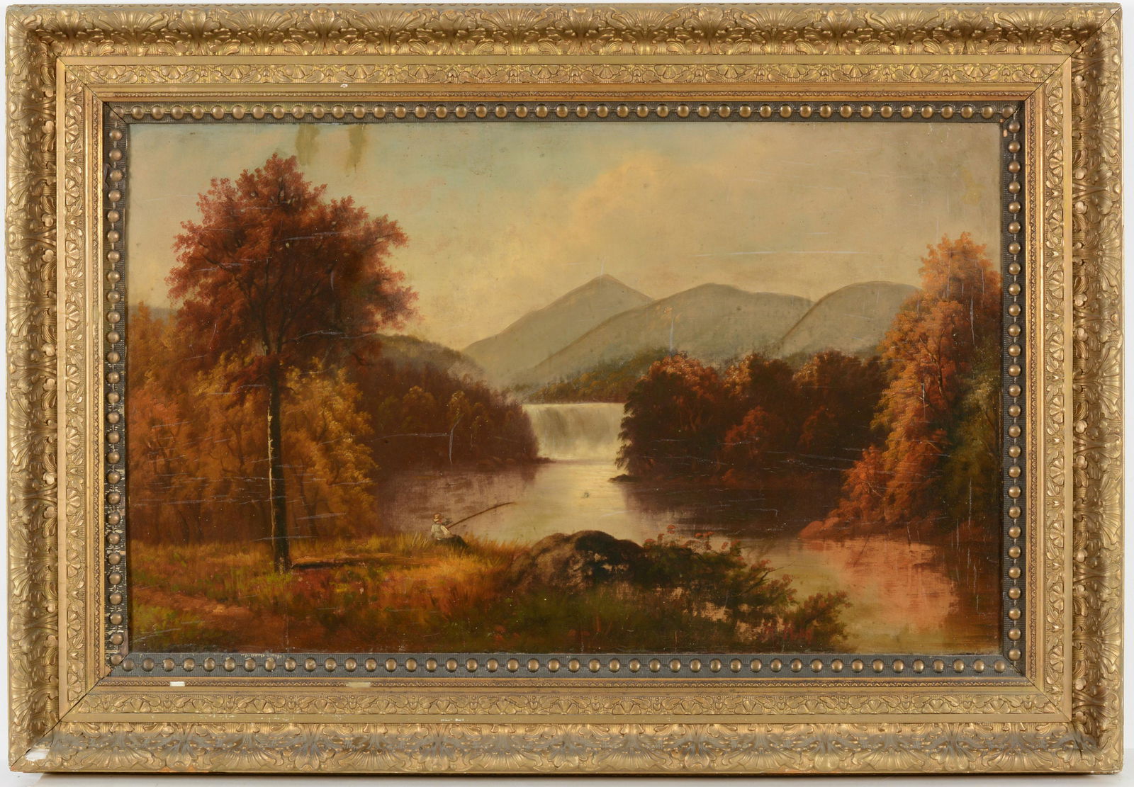 Hudson river scene, 19th Century. Mountain river view with falls and fisherman. Oil on canvas. (1 of 8)