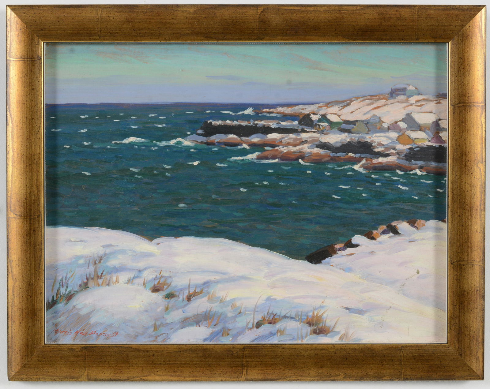 Morris Hall Pancoast. "Rockport Winter". Winter seascape with cottage on hill looking out at ocean. (1 of 7)