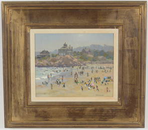 T.M. Nicholas (American, b. 1963). Good Harbor Beach with beach goers, Gloucester, Ma.. Signed lower