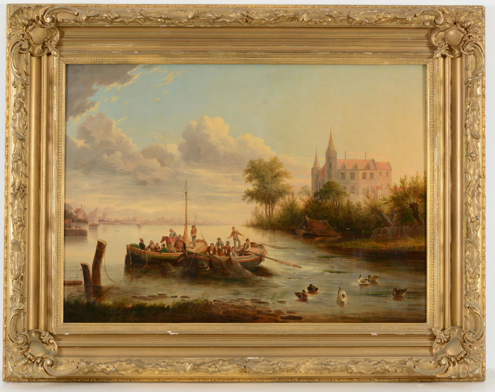 19th century Dutch school large river landscape with boats filled with people and city in (1 of 13)