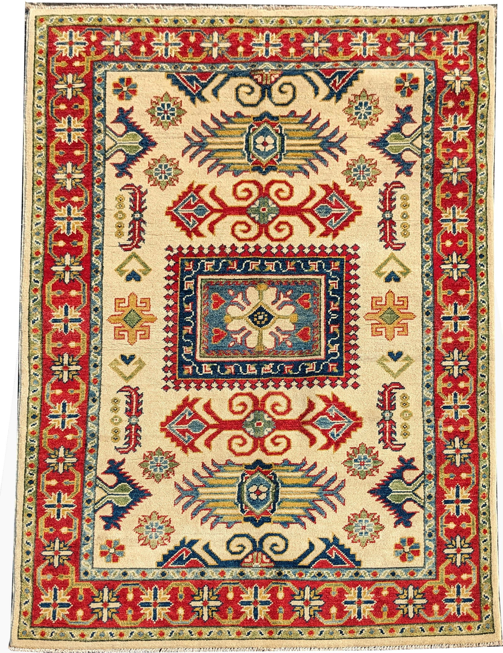 Contemporary Kazak wool area rug. Cream tone field with medallions in red and cobalt blue. 73" x 48" (1 of 3)