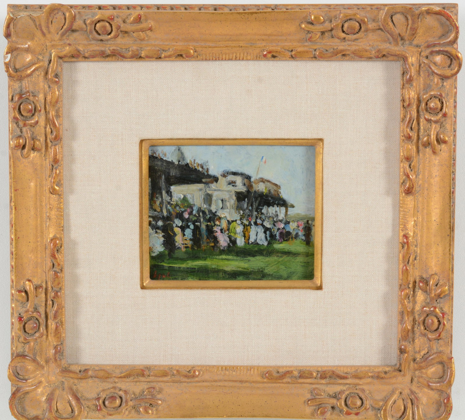 Gabriel Spat (American, 1890-1967) Course at Auteuil. Signed lower left, label on reverse. Oil on: Gabriel Spat (American, 1890-1967) Course at Auteuil. Signed lower left, label on reverse. Oil on canvas board Framed. Image size 4 x 5 inches, overall size 12 x 12.5 inces