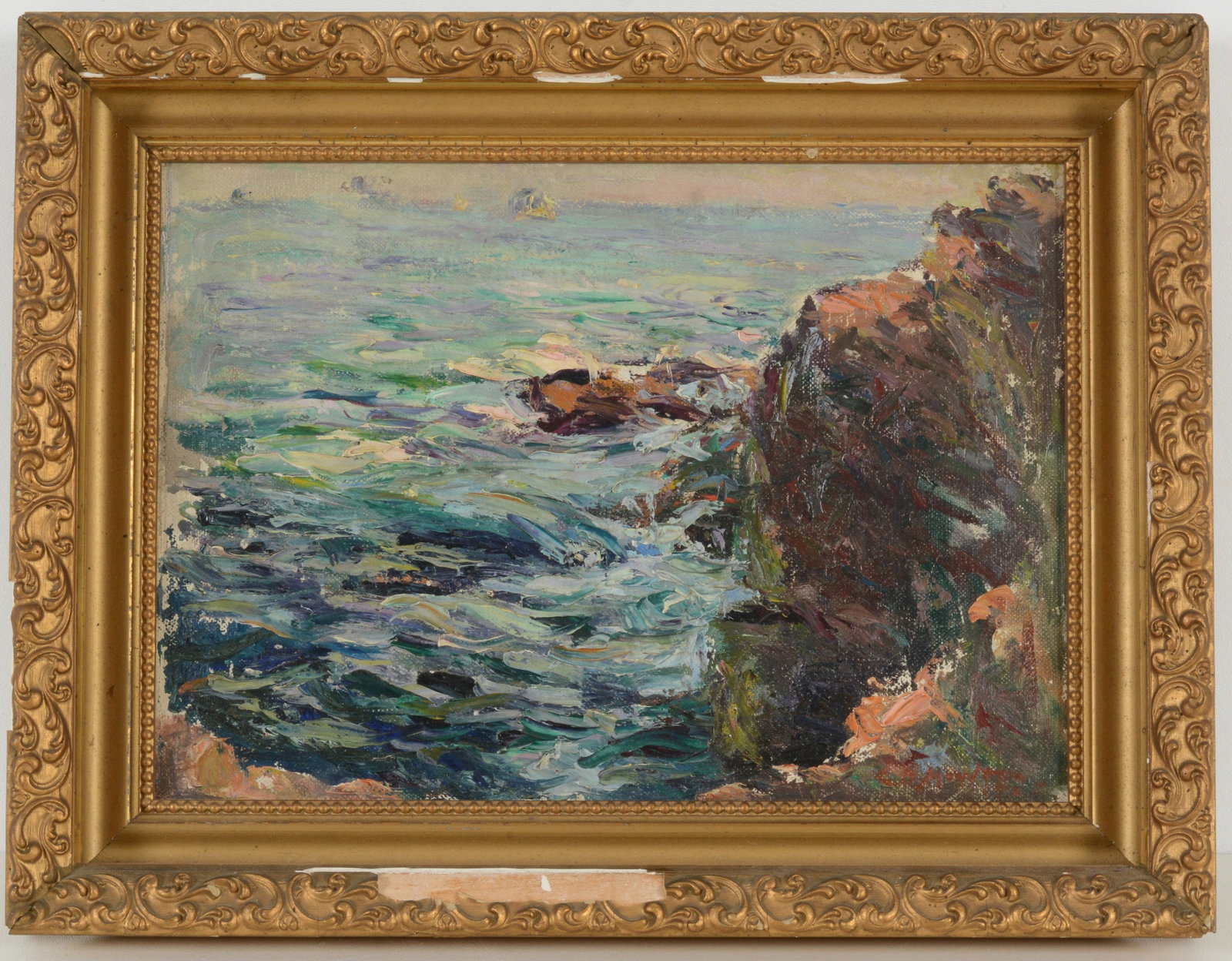 Claxton B. Moulton. Impressionist coastal seascape. Signed and dated 1908?. Oil on thin board.: Claxton B. Moulton. Impressionist coastal seascape. Signed and dated 1908?. Oil on thin board. Framed. Sight: 10 x 14in. Overall: 14 x 18in.