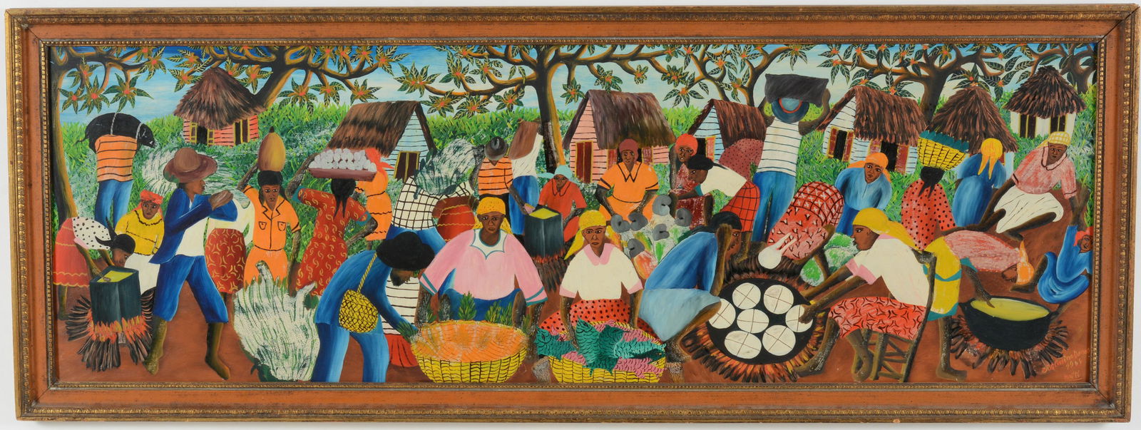 Wilmino Domond. Haitian. Market scene. Dated 1969. Oil on masonite. Signed and dated lower right.: Wilmino Domond. Haitian. Market scene. Dated 1969. Oil on masonite. Signed and dated lower right. Framed. Fine craquelure. Image size 16 x 48in, overall size 19 x 51in