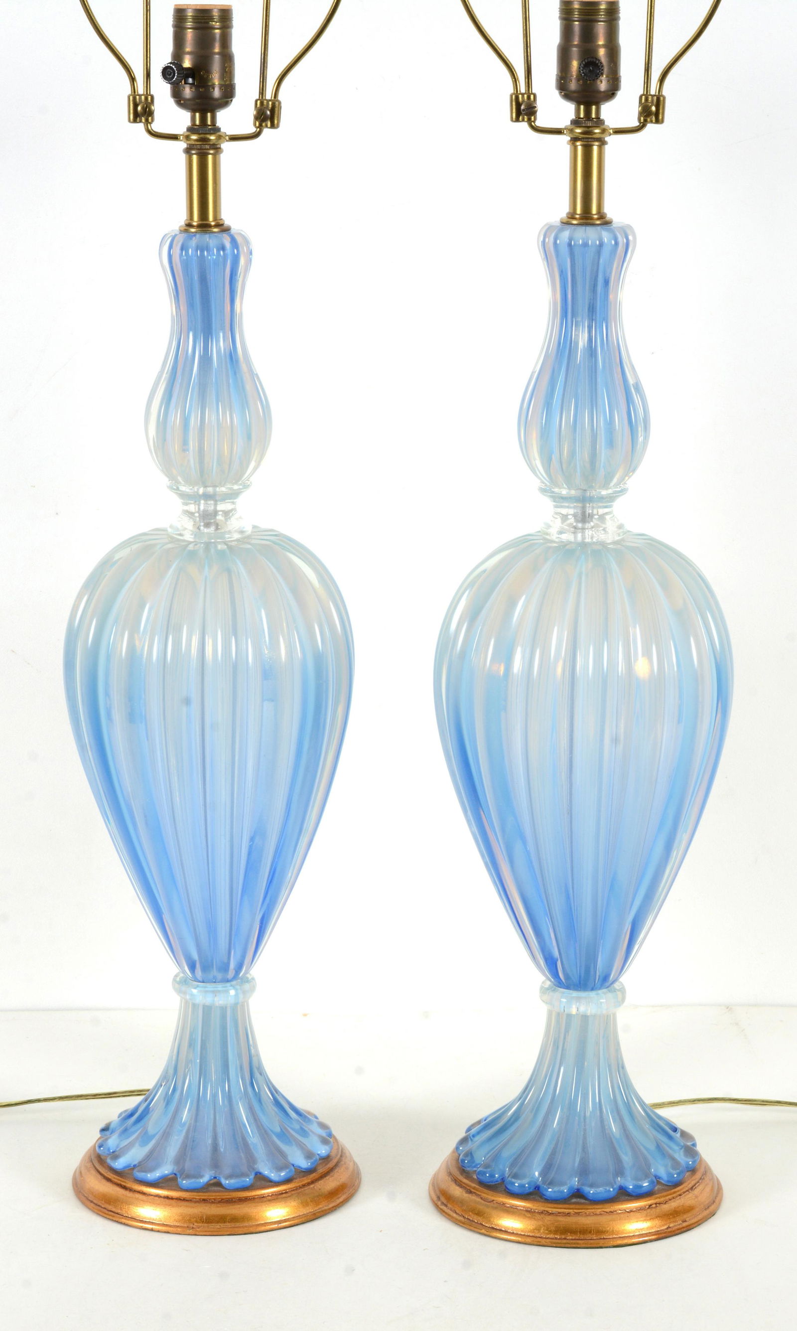 Pair Murano glass ribbed blue opalescent lamps, attributed to Barnovier and Toso. Mid Century. Three (1 of 10)