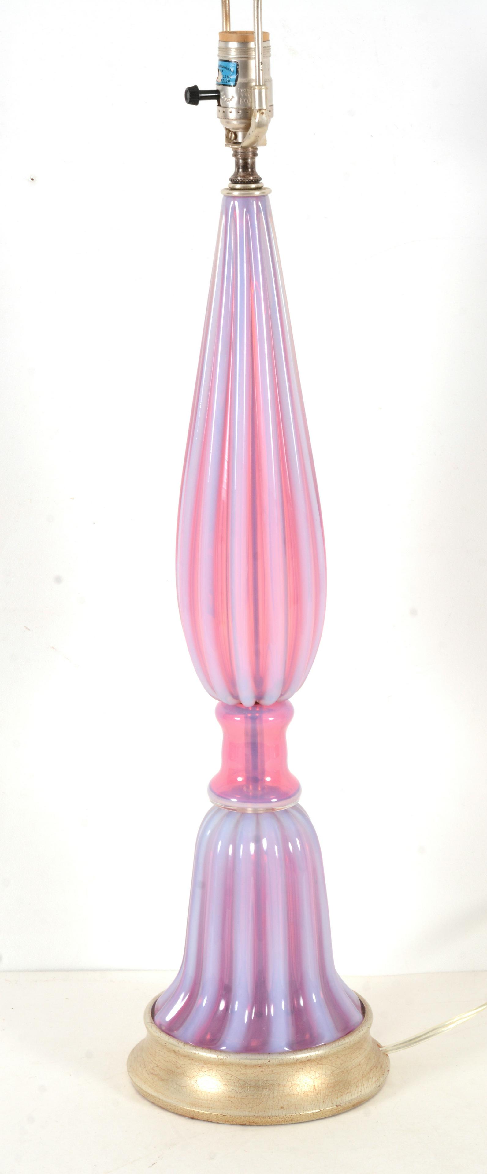 Murano glass ribbed pink opalescent lamps, attributed to Barnovier and Toso. Mid Century. Slender (1 of 5)