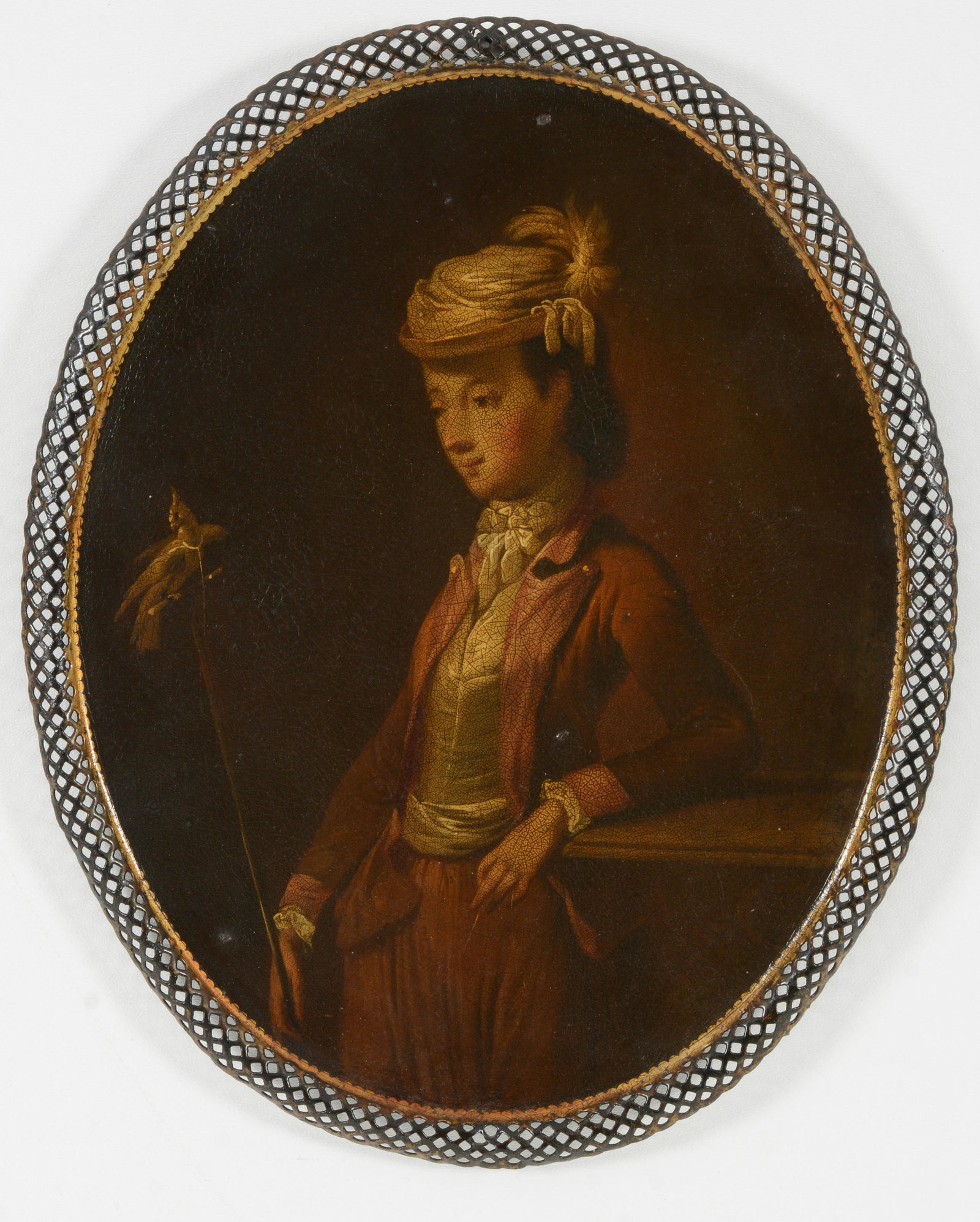 French school painting on oval tin tray of a boy with his pet bird, 19th Century. The tray with (1 of 7)