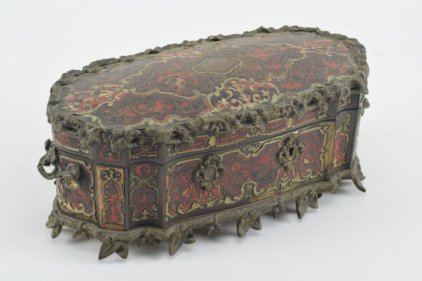 French Boulle and mother of pearl inlaid keepsake box, French 19th Century. With applied foliate and (1 of 9)