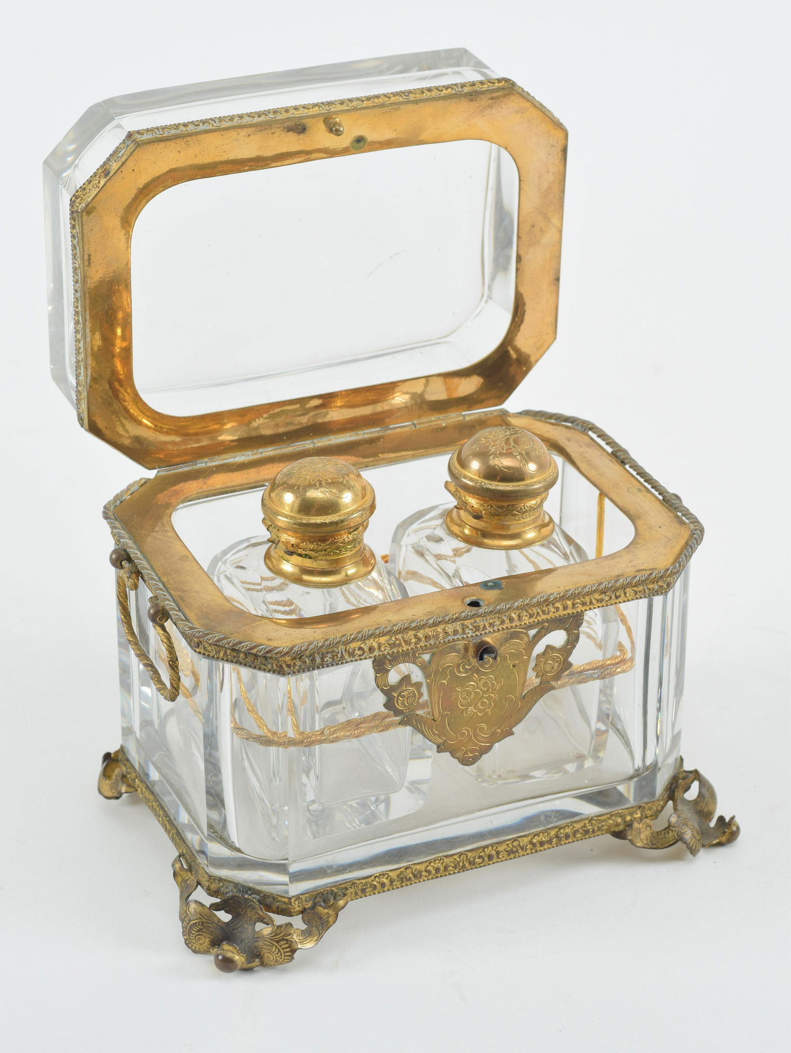 French crystal and ormolu mounted double perfume box, 19th Century. 5 x 5.25 x 3 in. One handle (1 of 7)
