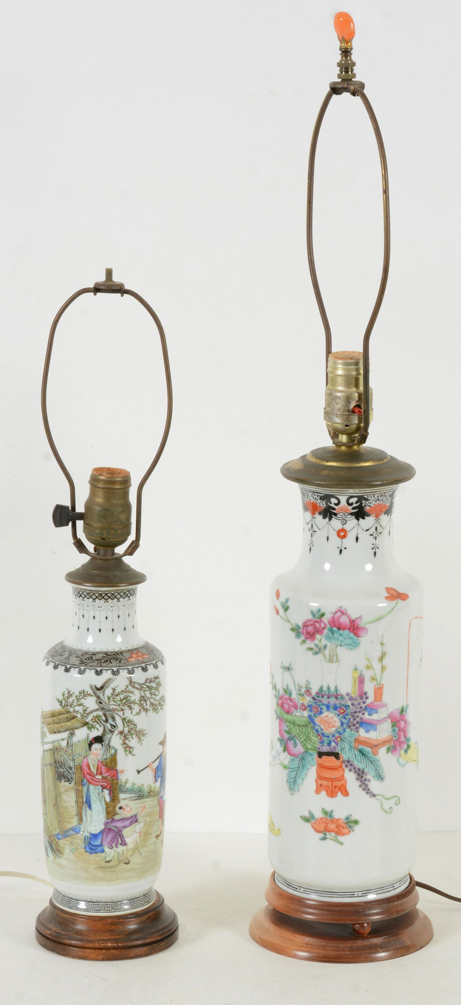 2 Chinese Export famille verte vase, 19th Century. Decorated with scenic views, fitted as a lamp, (1 of 7)