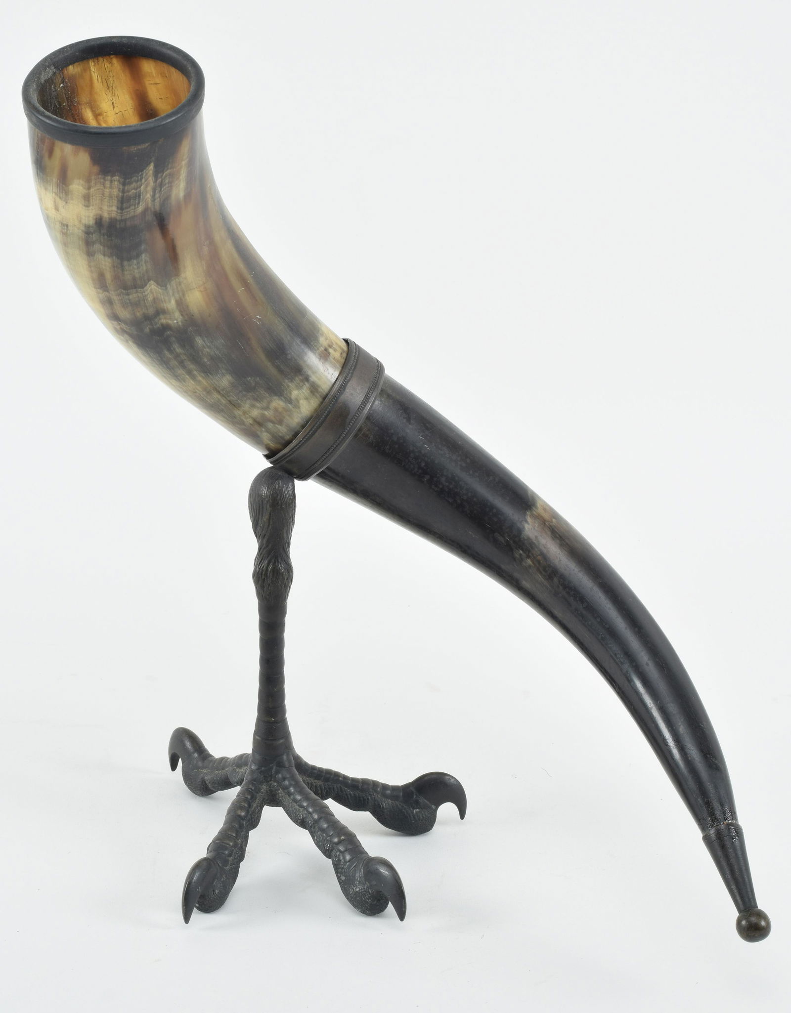 19th Century mounted drinking horn, set in a cast bronze holder with foot in form of a bird talon. (1 of 11)