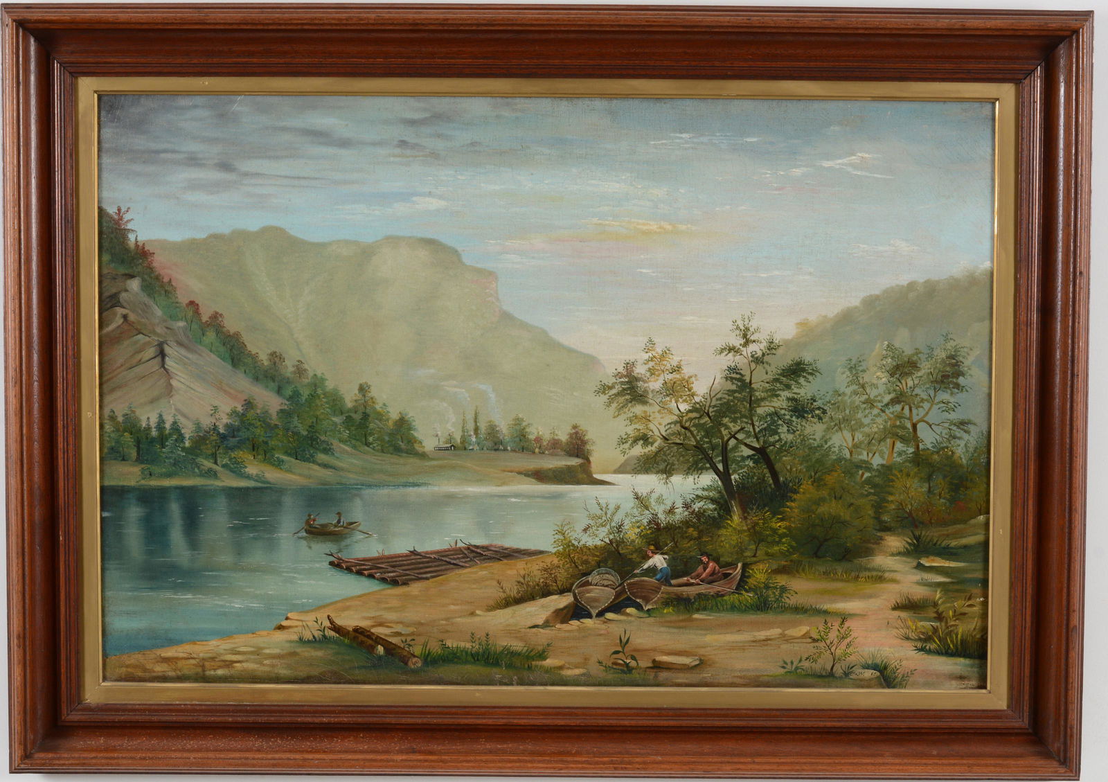Hudson river school. Naive mountain river view with figures trapping and village on river bluff. (1 of 8)