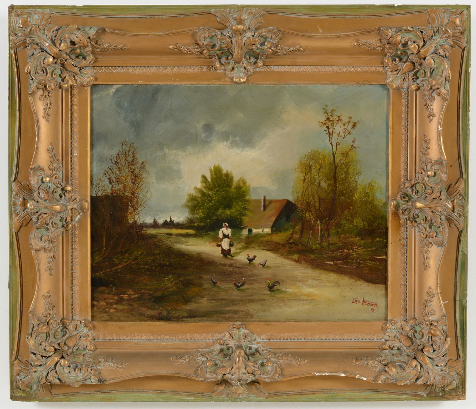 Signed Carl Weber 96. Continental farm house scene with figure feeding chickens. Oil on canvas. (1 of 8)