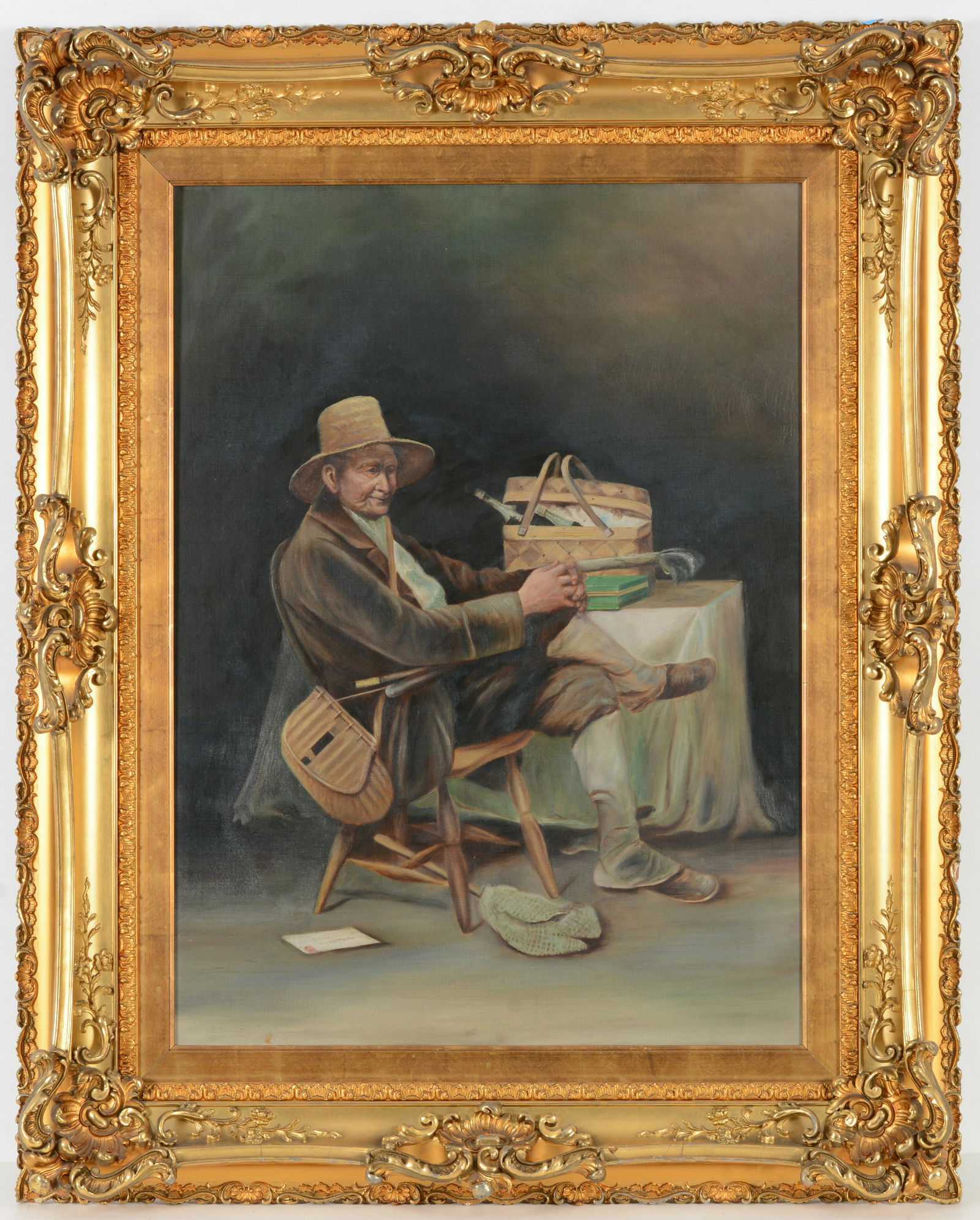 19th/20th century American school. Fisherman seated by a table with fishing creel and basket. Oil on (1 of 7)