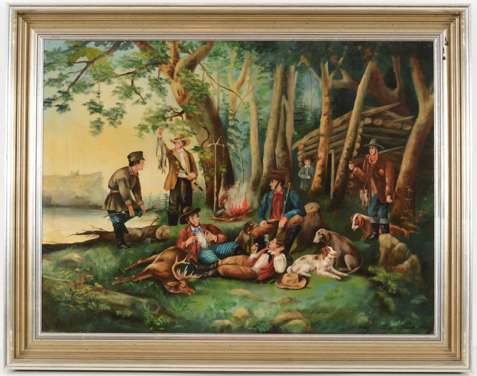 After Currier & Ives American Hunting Scenes. Hunting party at camp by river bank. Oil on canvas. (1 of 6)