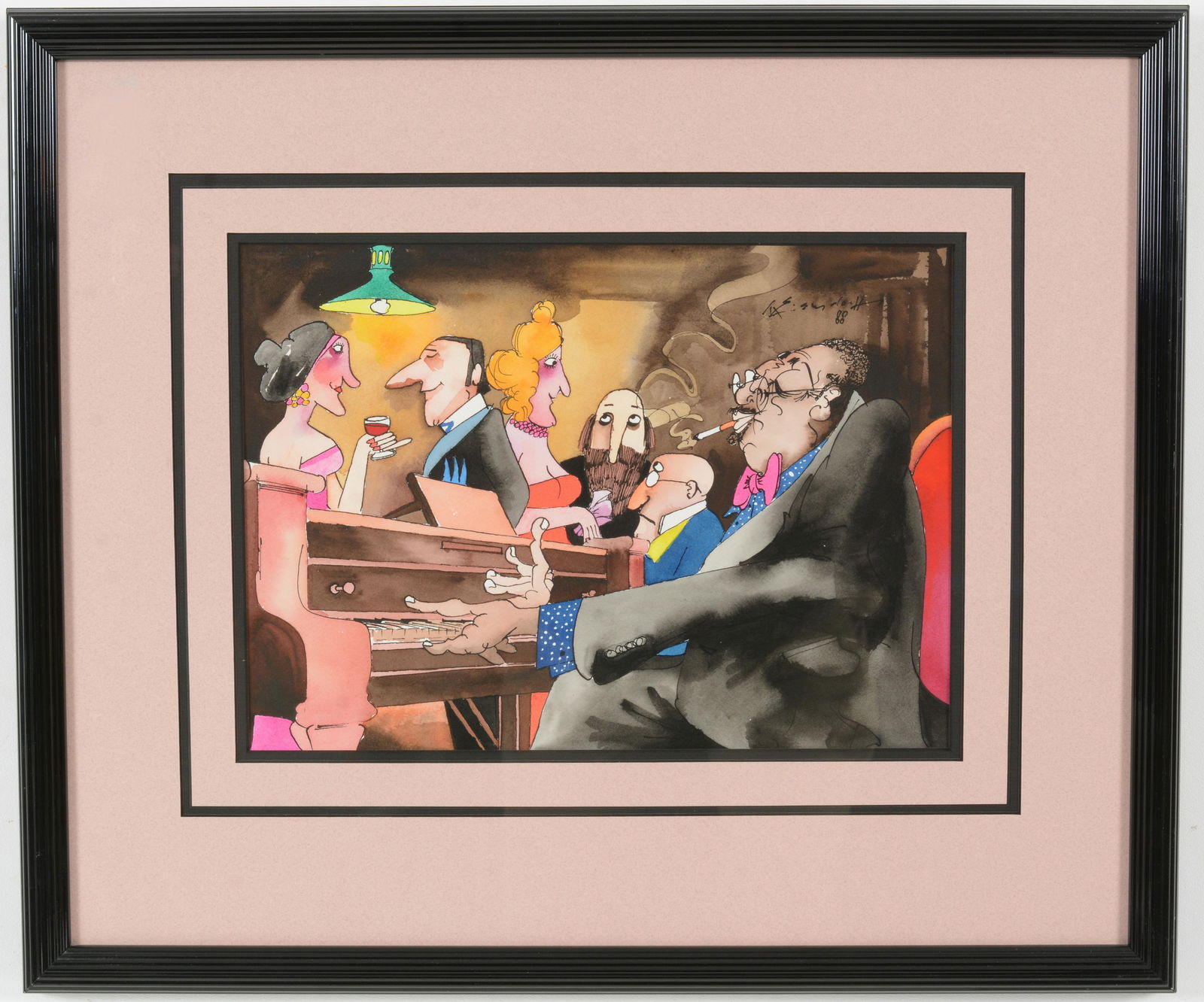 Leo Meiersdorf. 1988. Jazz musician in bar at piano with patrons. Signed and dated upper right 1988. (1 of 7)
