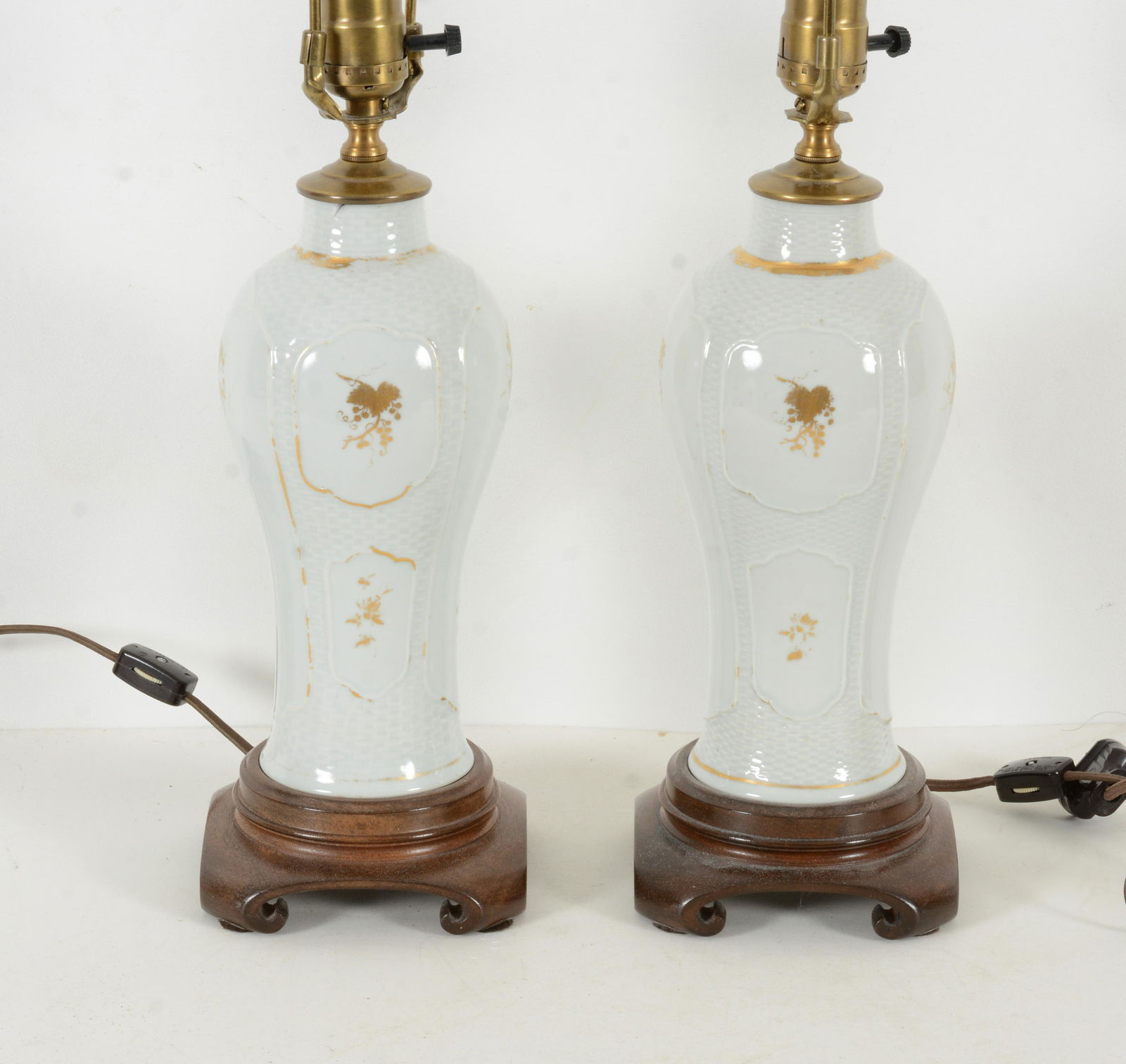 Pair of Chinese garniture vases with gilt decorations, 19th Century. Fitted as lamps. Chip to one (1 of 4)
