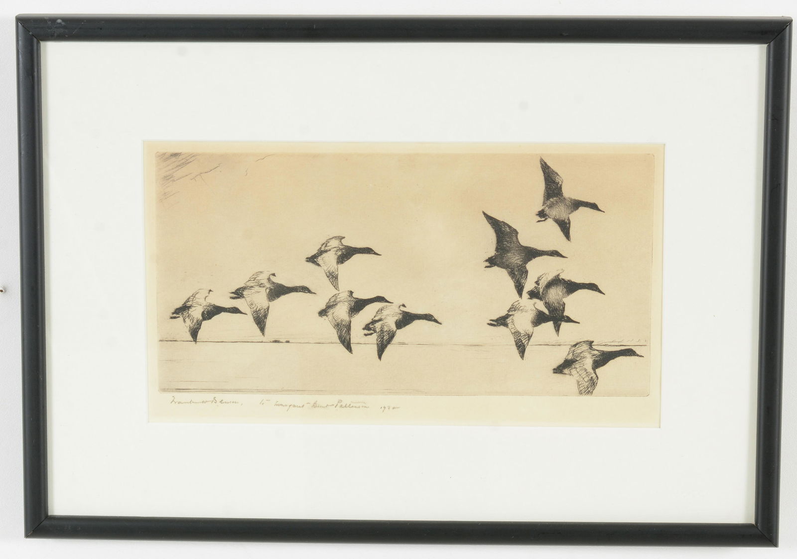 Frank W. Benson. Black and white etching. Ducks landing. Signed, dedicated lower left. To Margaret (1 of 5)