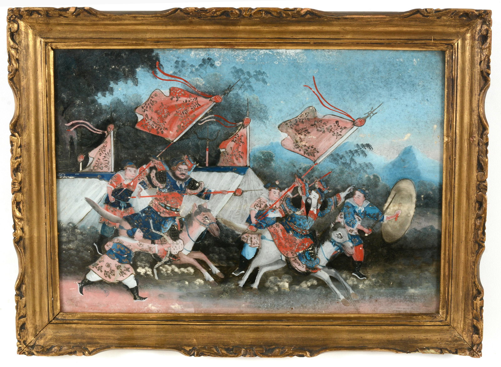 Chinese export reverse glass painting, late 19th Century. Military encampment with warriors on (1 of 6)