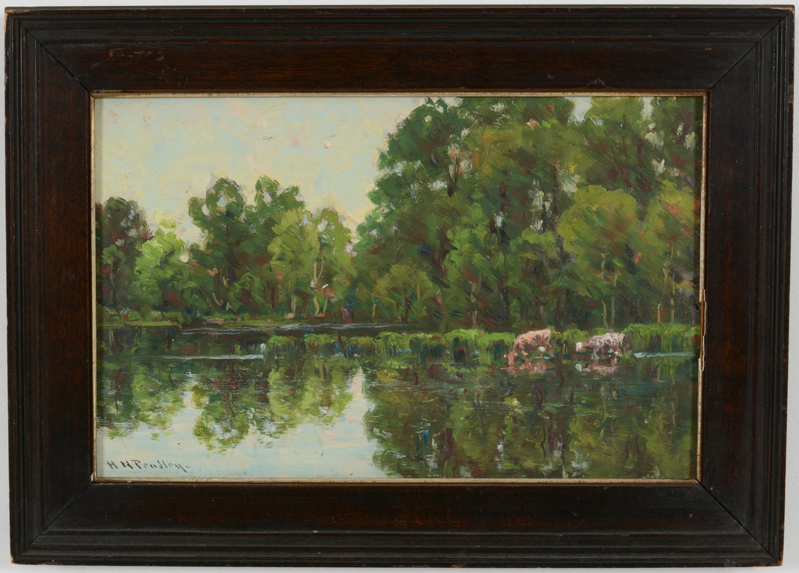 Horatio N. Peasley. Impressionist river landscape with cows. Oil on board. Signed lower left.: Horatio N. Peasley. Impressionist river landscape with cows. Oil on board. Signed lower left. Framed. Sight: 7 x 11in. Overall: 10 x 14in.