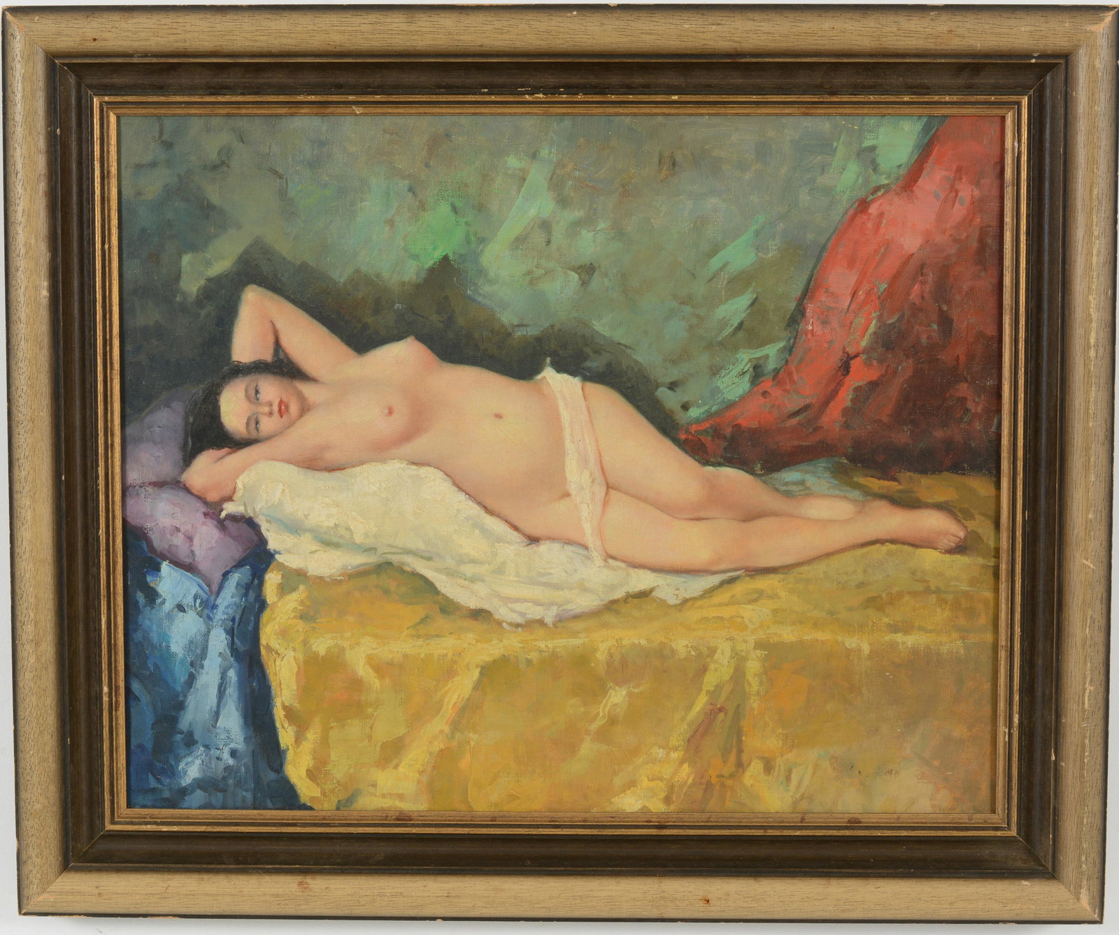 American School 20th Century. Reclining nude, Unsigned. Oil on canvas. Image size 16 x 20in, overall: American School 20th Century. Reclining nude, Unsigned. Oil on canvas. Image size 16 x 20in, overall size 20 x 24in.