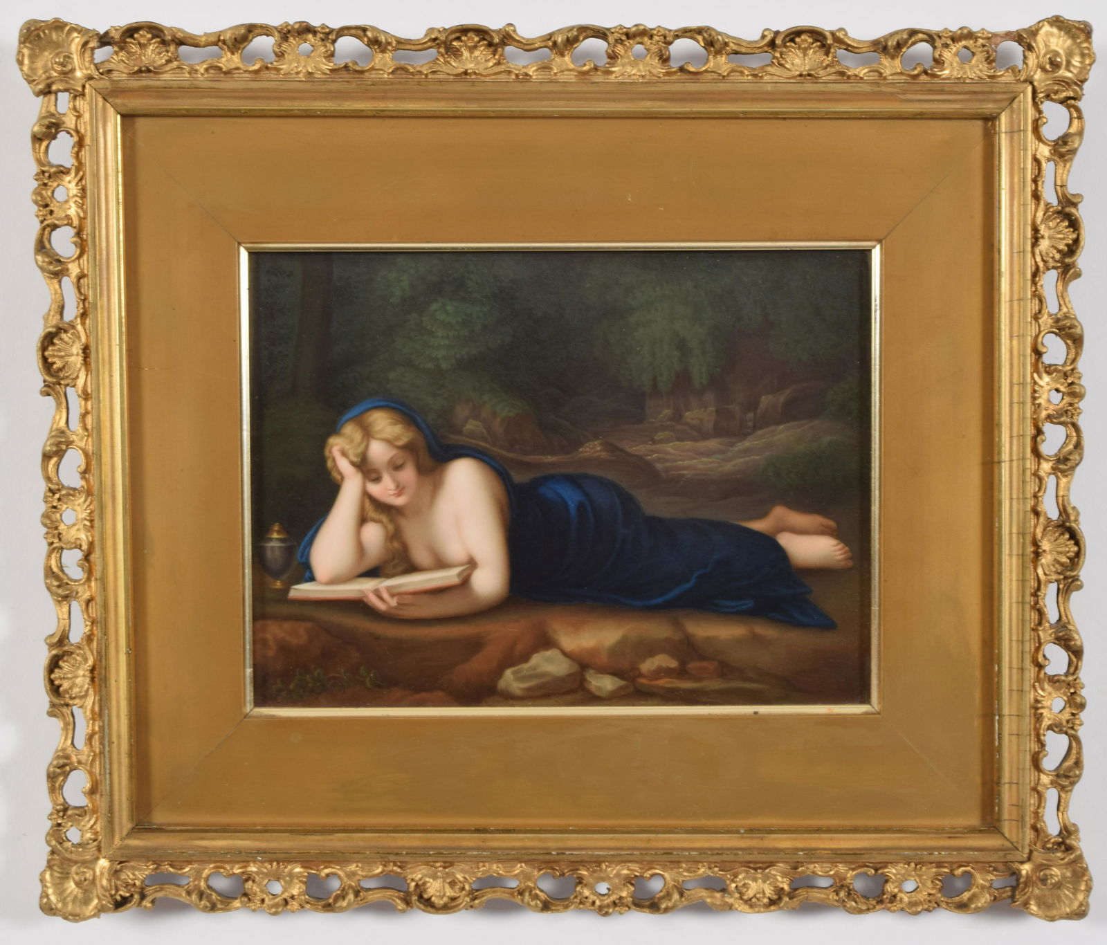 Fine quality KPM 19th century porcelain plaque painting depicting classical woman reading at the (1 of 8)