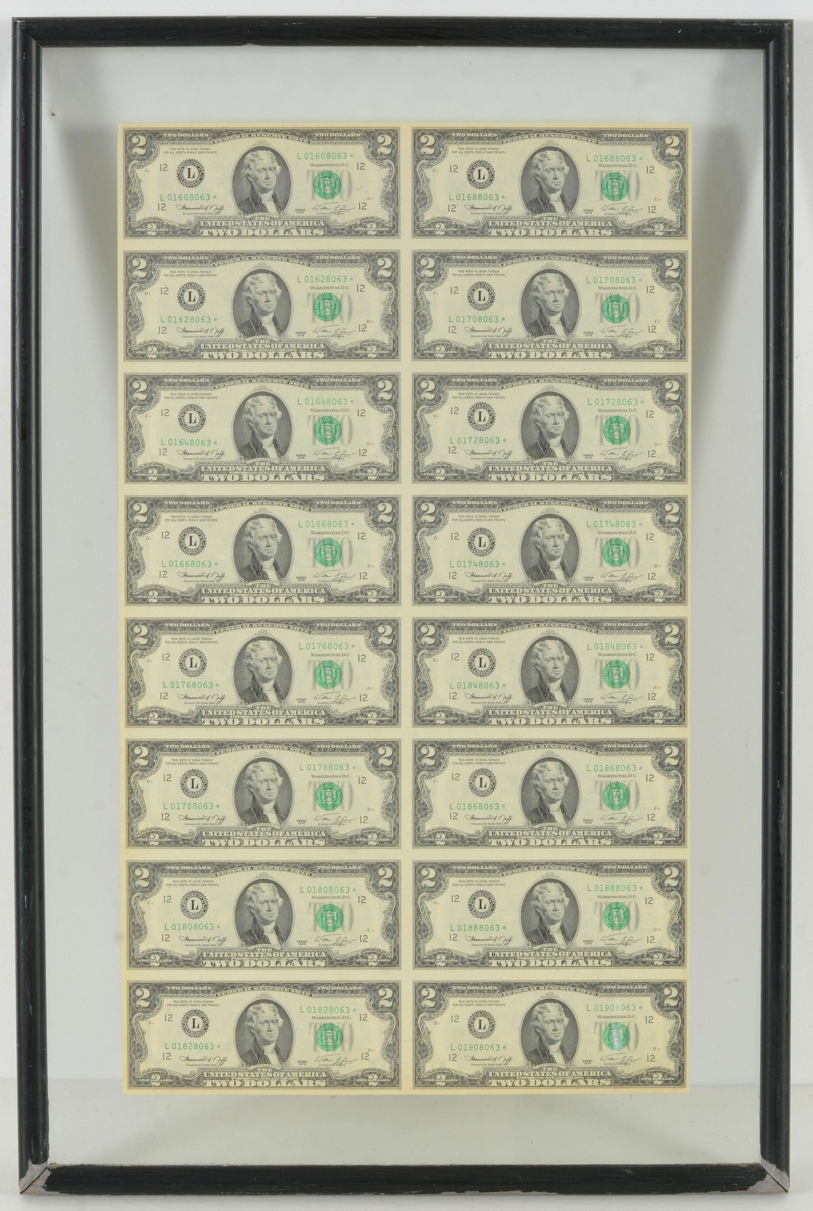 $2 Uncut error sheet, Department of The Treasury sheet of 16 uncut $2 green star notes from 1976. (1 of 8)