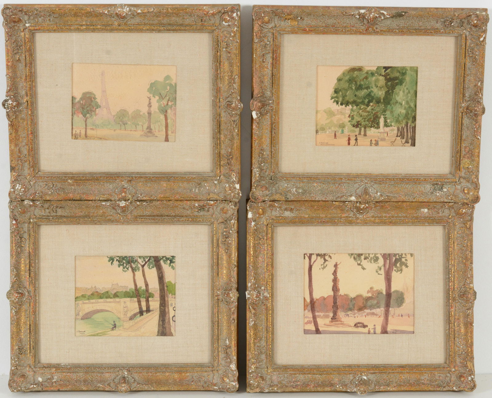 French School, 20th Century. 4 Parisian Scenes. Indistinctly signed. Watercolors on paper. Framed. (1 of 6)