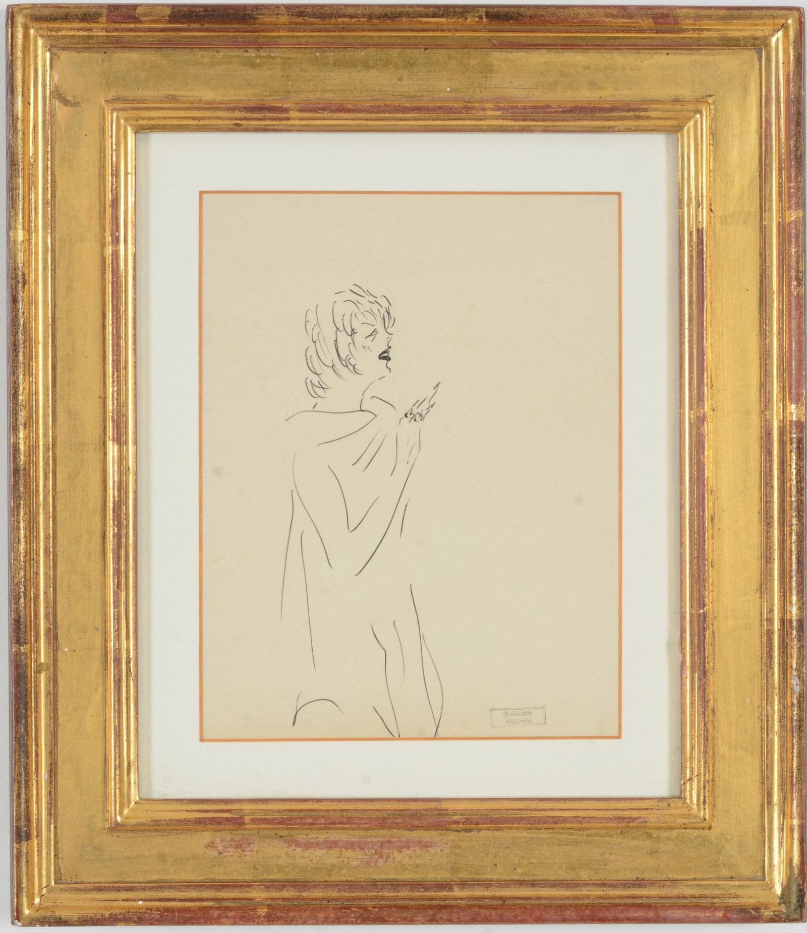 Atelier Vertes (1895-1961). Sketch of a Woman. Stamped lower right. Ink on paper. Framed. Image size: Atelier Vertes (1895-1961). Sketch of a Woman. Stamped lower right. Ink on paper. Framed. Image size 8 x 6 inches, overall size 14.5 x 12.5 inches