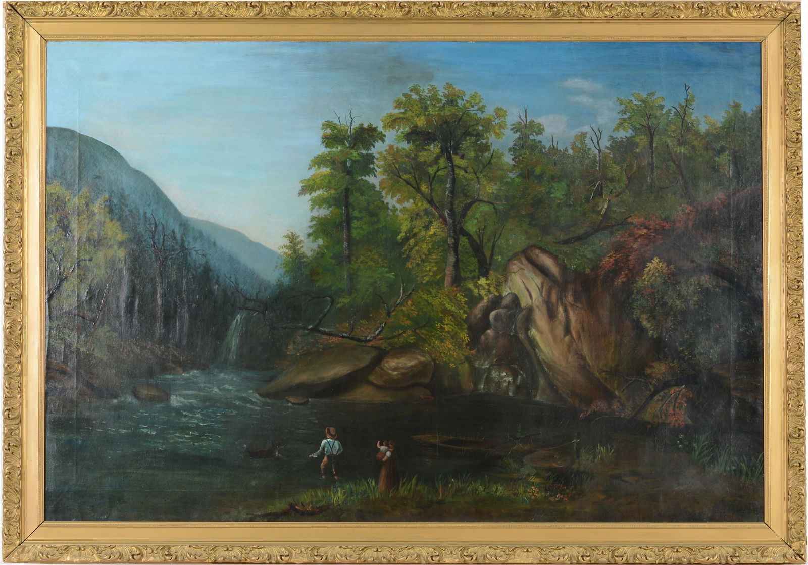 American School. Large Hudson River style landscape. Figures and a dog by the river's edge. Oil on (1 of 7)