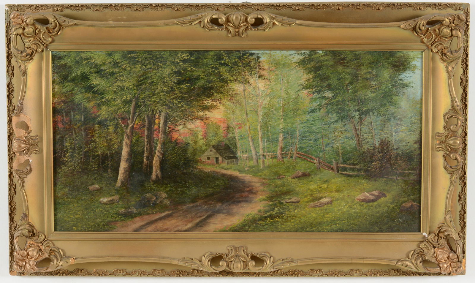 Naive rural scene. View of cottage on a wooded path. Oil on canvas. Framed. Damage at center. Sight (1 of 9)