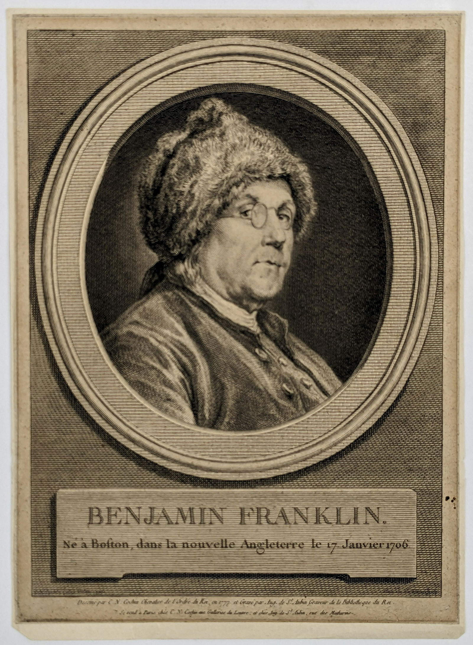 Engraving of Benjamin Franklin by C.N. Cochin, 1777. "Benjamin Franklin: Ne a Boston, dans la (1 of 4)